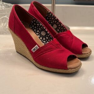 TOMS Red Canvas Wedge Peep Toe Shoes